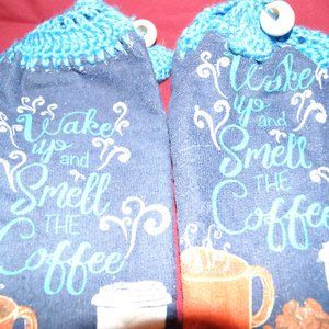 Crocheted kitchen hand towels with pot holder